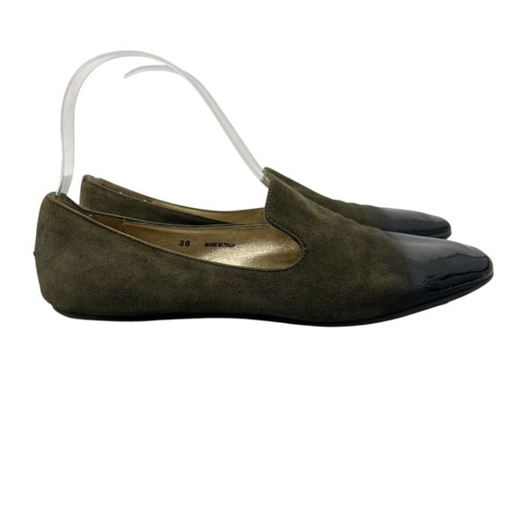 Jimmy Choo Womens 38 Loafer Moss Green Suede Slip On Patent Leather Cap Toe - Picture 1 of 14
